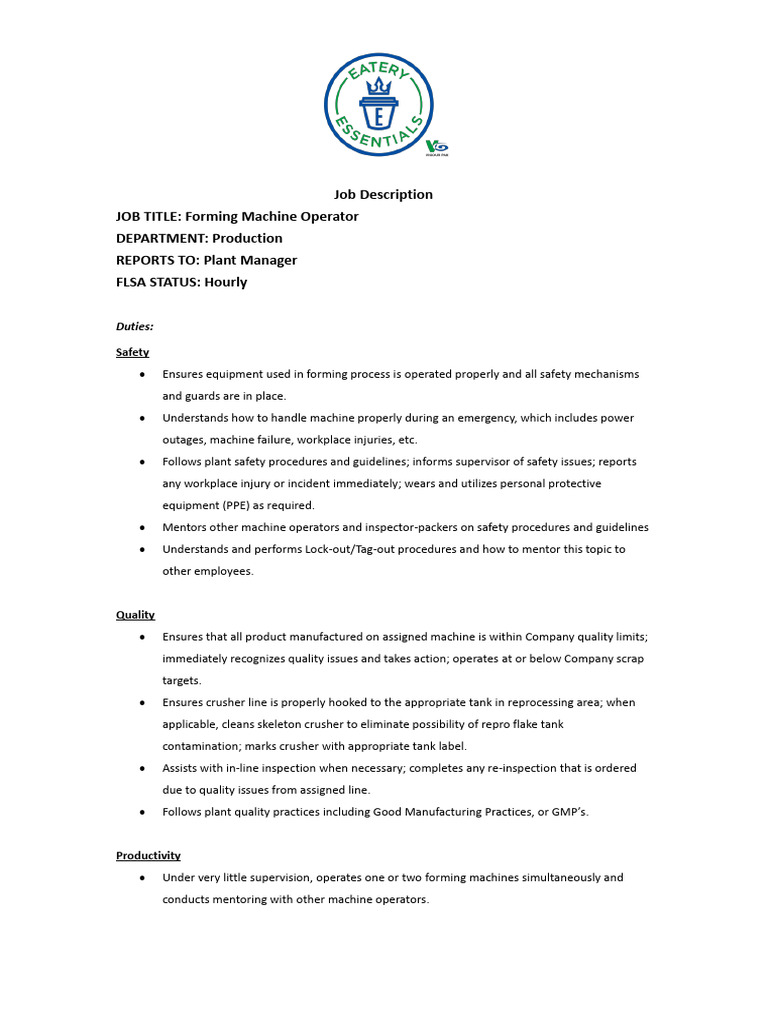 Machine Operator JD 05.17.2021 | PDF | Force