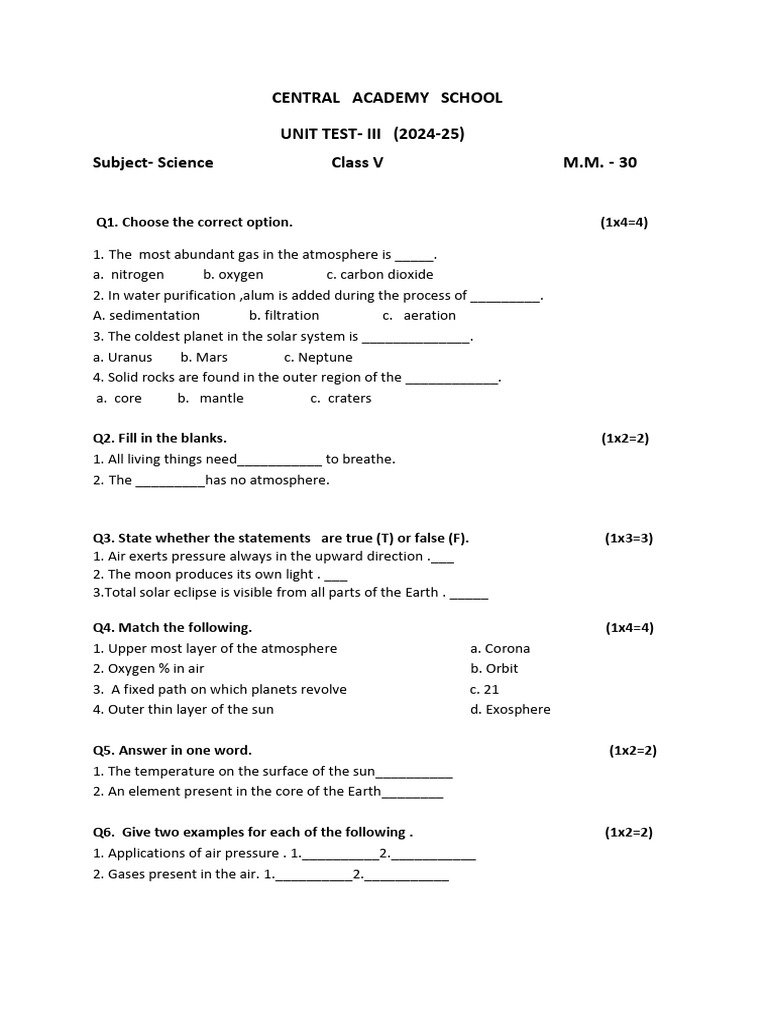 Class V Science Unit Test 2024-25 | PDF | Atmosphere Of Earth | Atmosphere