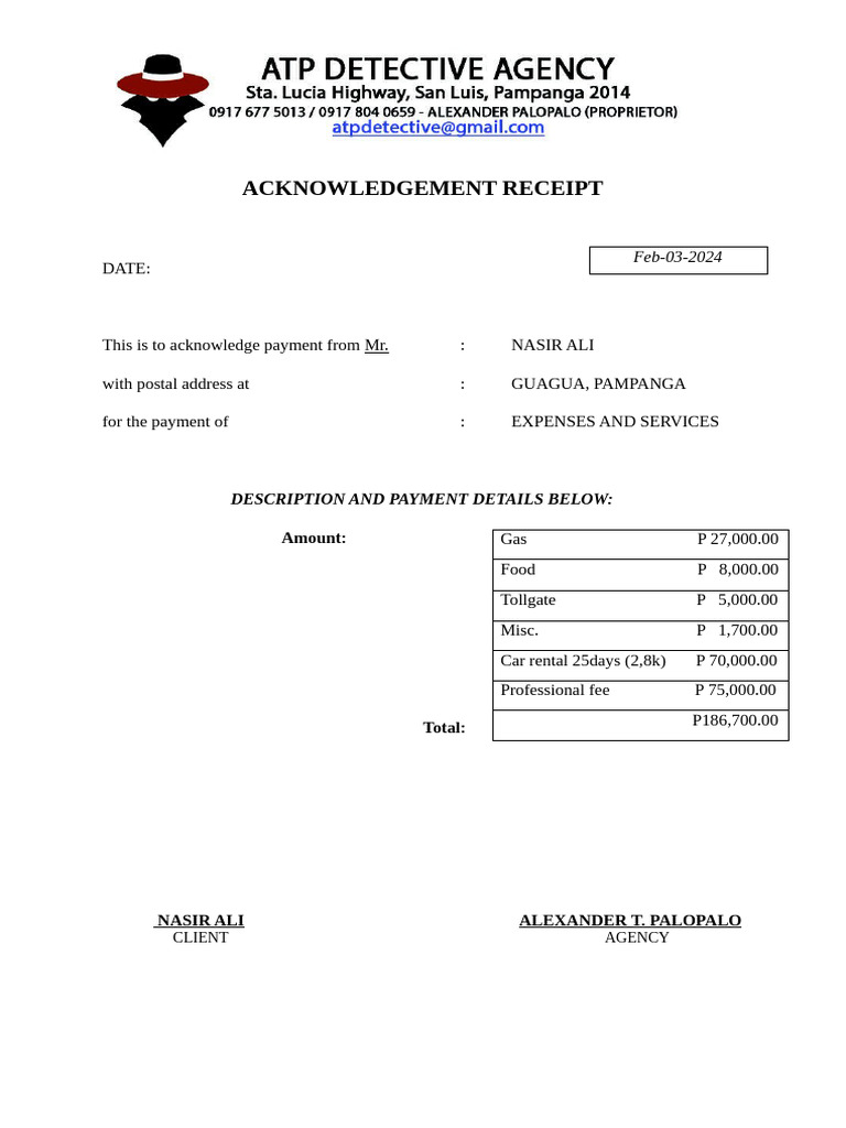 Acknowledgement Receipt of Atp Detective Nasir Ali | PDF