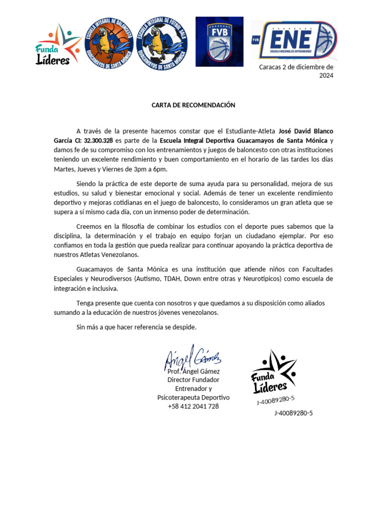 Carta de Recomendación Deportiva | PDF