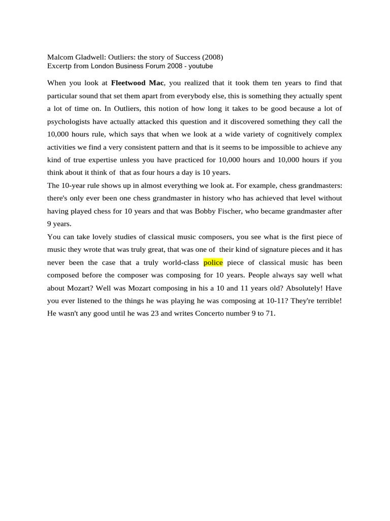 Gladwell S 10 000 Hours To Success Pdf