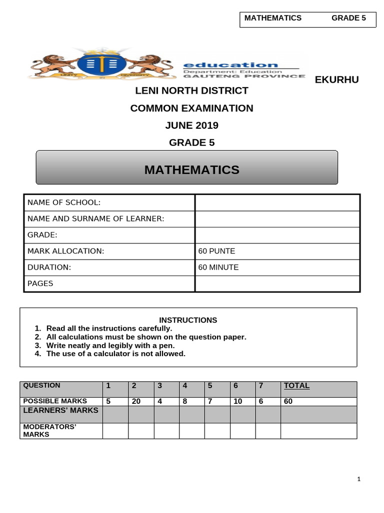 Grade 5 June Maths Exam Paper 2019 | PDF | Shape | Pancake