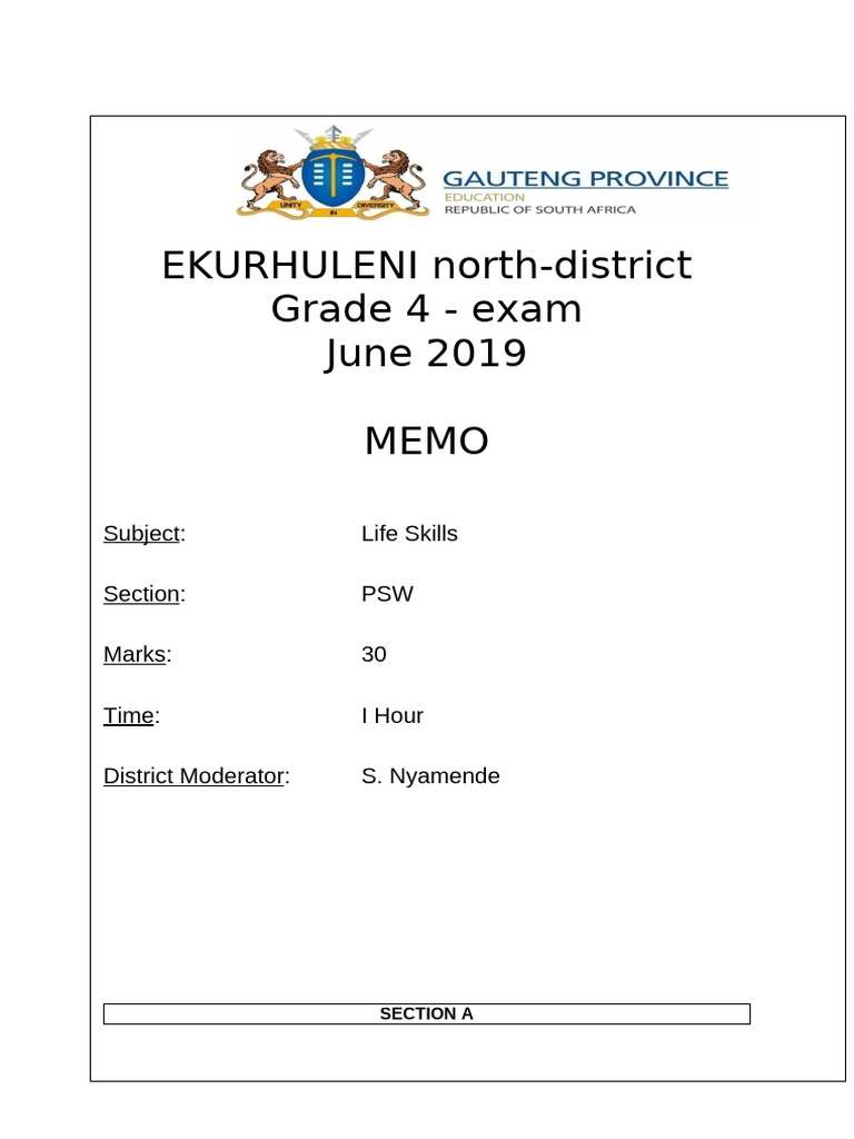 Grade 4 Life Skills Exam Memo 2019 | PDF