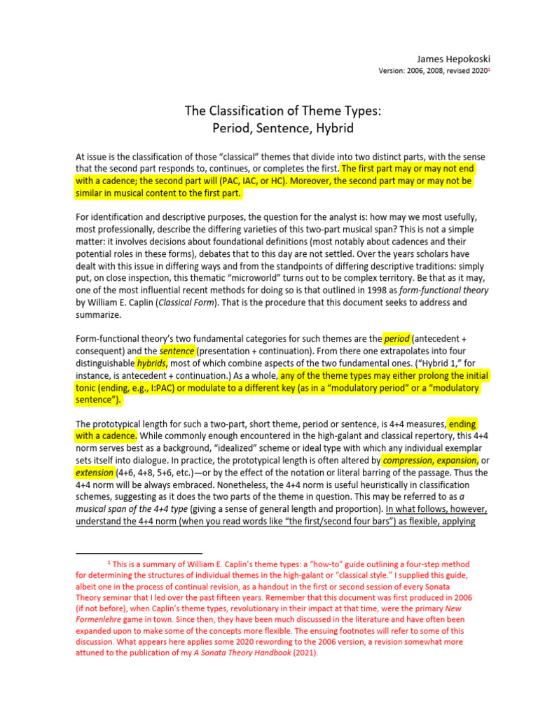 Hepokoski, James - The Classification of Theme Types. Period, Sentence ...