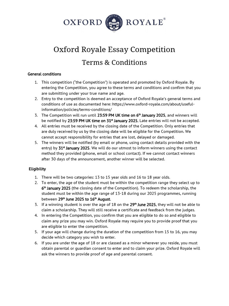 Oxford Royale Essay Competition Terms Conditions 2025 | PDF | Travel ...