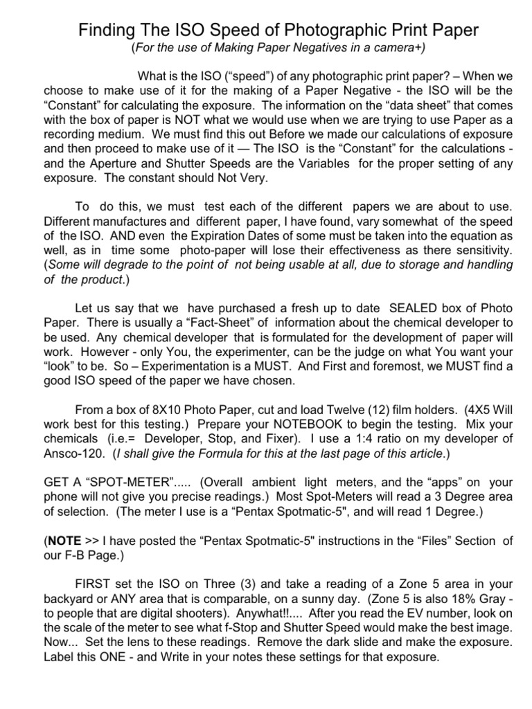 Finding The ISO Speed of Photographic Print Paper | PDF | Exposure ...