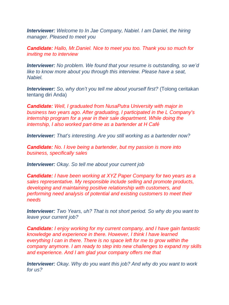 Job Interview Dialogue: Sales Candidate | PDF