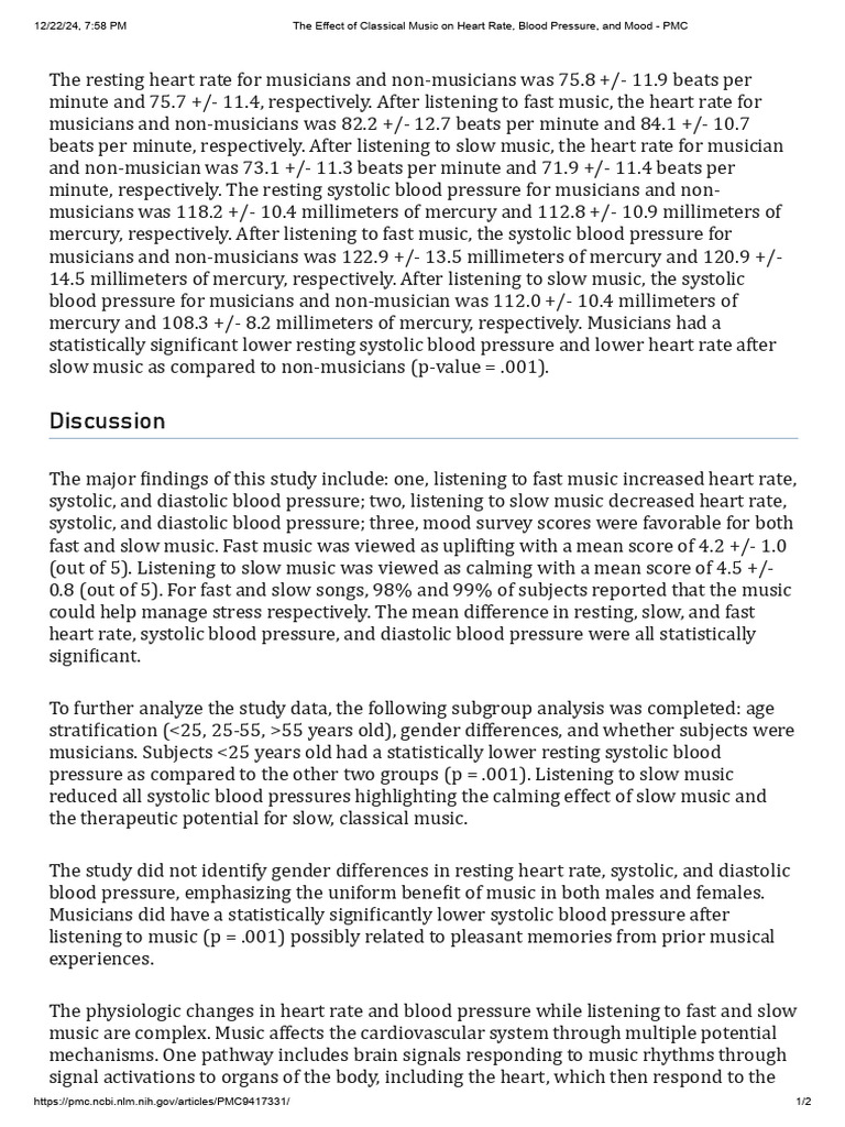 The Effect of Classical Music On Heart Rate, Blood Pressure, and Mood ...