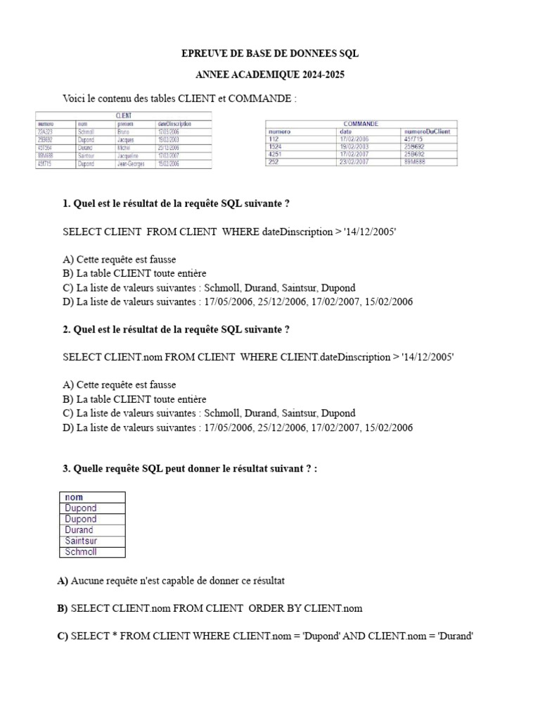 Épreuve SQL : Questions et Réponses | PDF | Bases de données | Base de ...