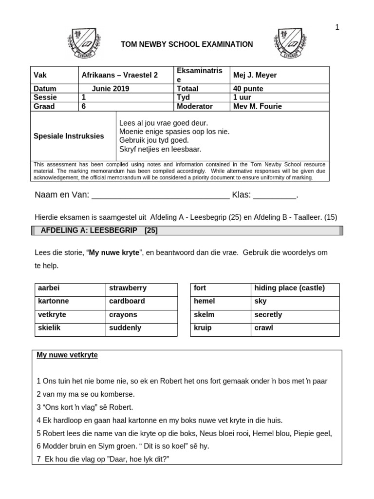 Grade 6 Afrikaans Exam June 2019 GDE Approved | PDF