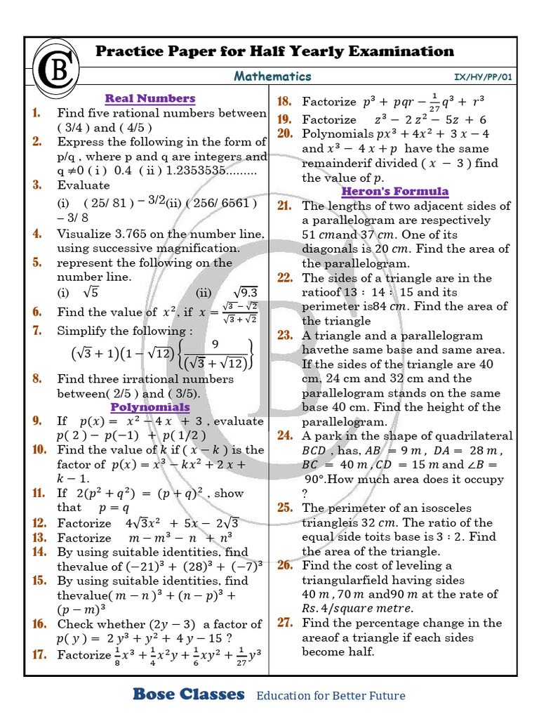 Half Yearly Math Exam Practice Paper | PDF | Area | Ratio