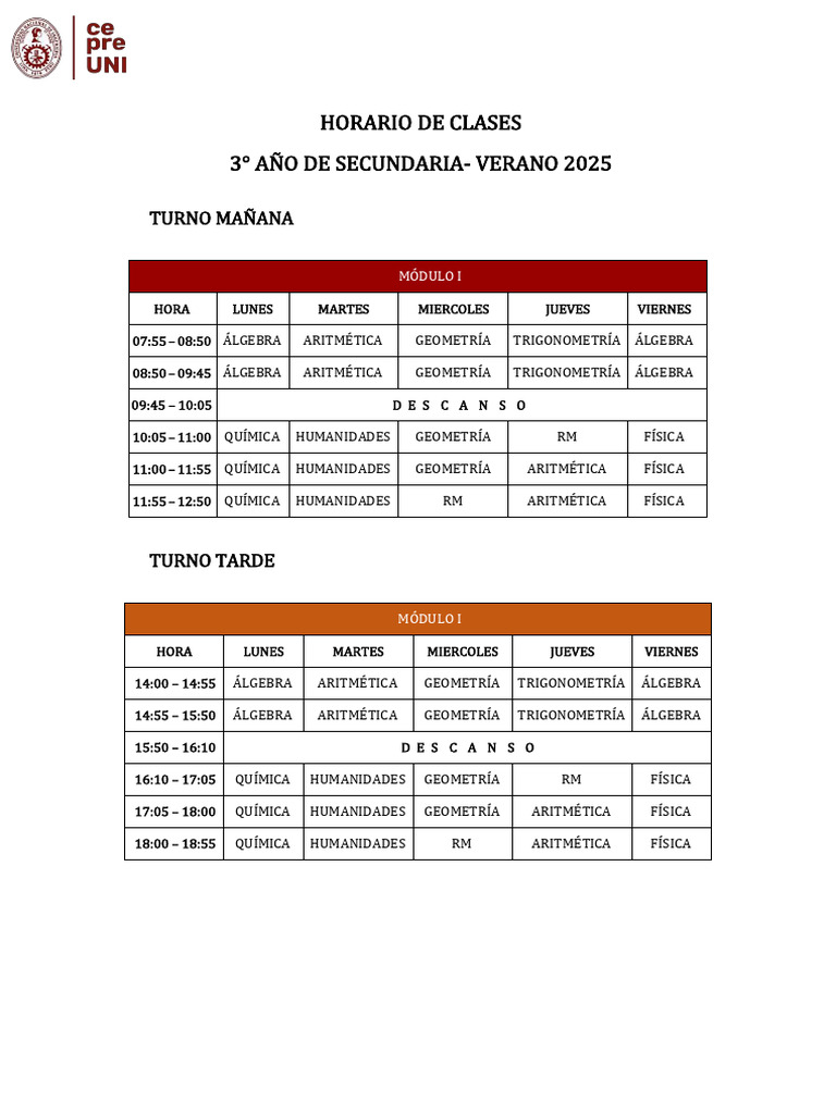 Horario Clases 3° Secundaria Verano 2025 | PDF