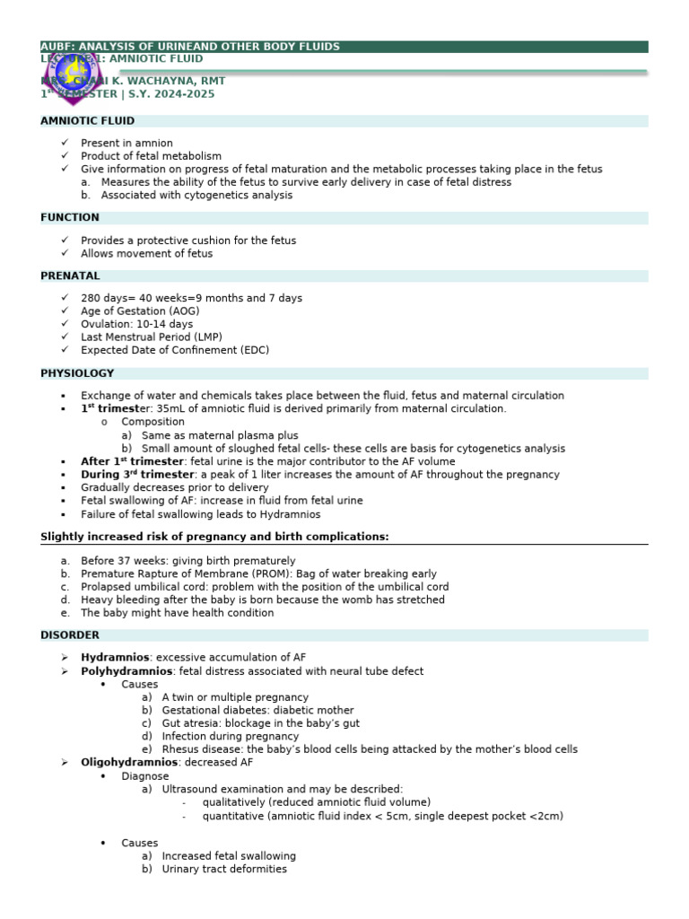 Amniotic Fluid Analysis Overview | PDF | Pregnancy | Fetus