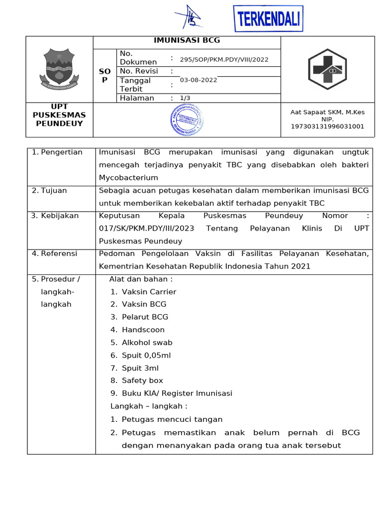 SOP Imunisasi BCG di Puskesmas Peundeuy | PDF