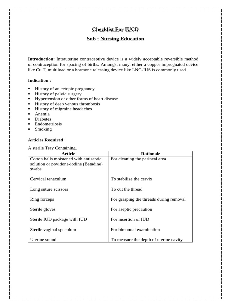 IUCD Insertion Nursing Checklist | PDF | Human Reproduction | Medical ...