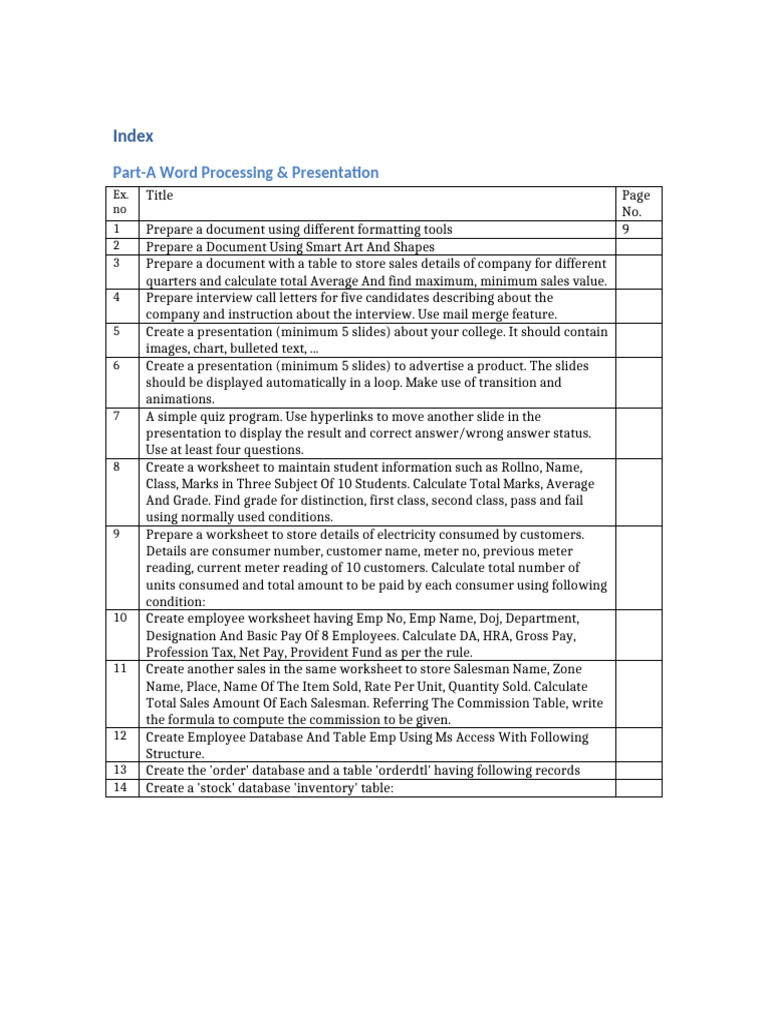 Index Document Single Table | PDF | Worksheet