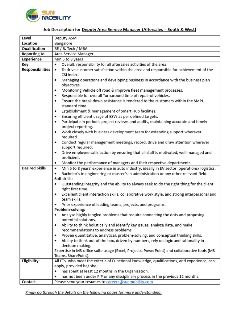 Deputy Area Service Manager Role | PDF | Cognition | Business