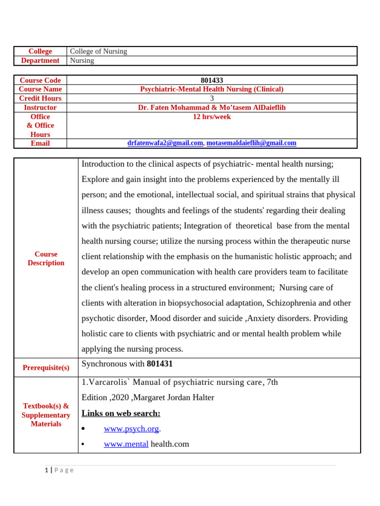 Psychiatric-Mental Health Nursing Course | PDF | Psychiatry | Nursing