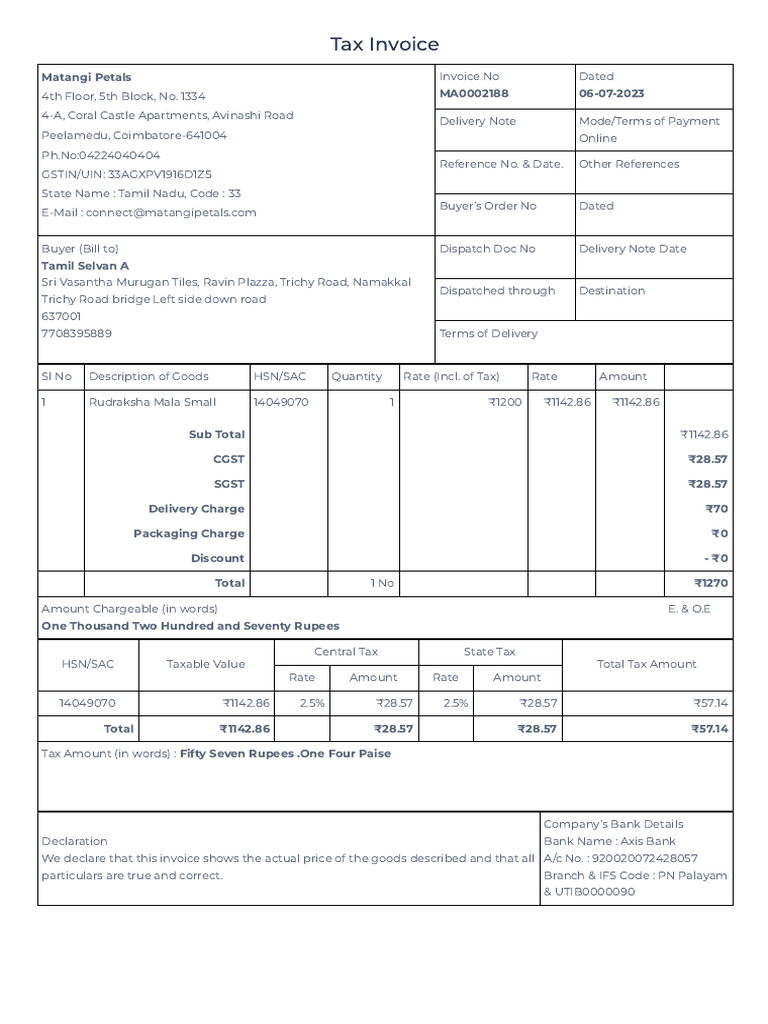 Tax Invoice for Rudraksha Mala | PDF | Invoice | Payments