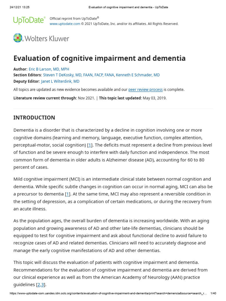 Evaluation of Cognitive Impairment and Dementia - UpToDate | PDF ...