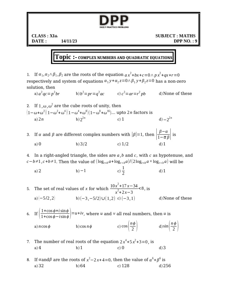 Complex Numbers and Quadratic Equations Q-9 | PDF | Mathematics ...