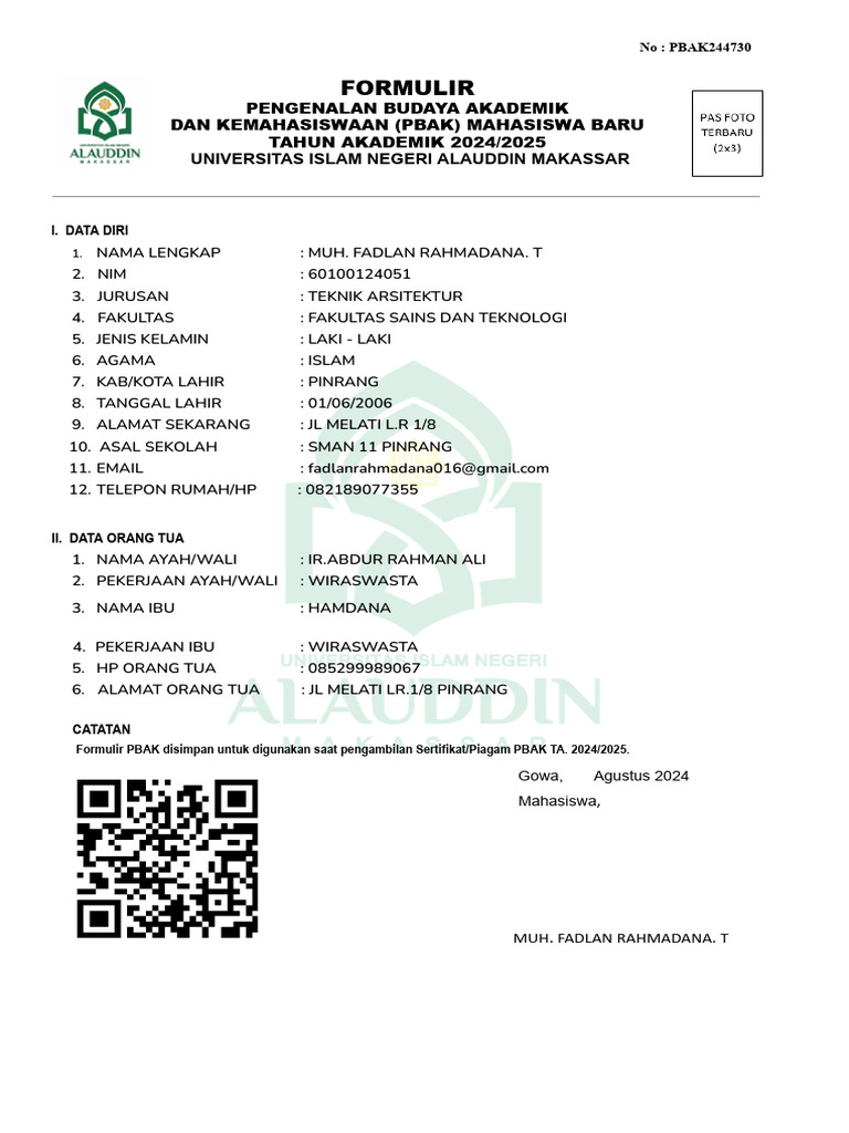 Formulir PBAK Mahasiswa Baru 2024/2025 | PDF