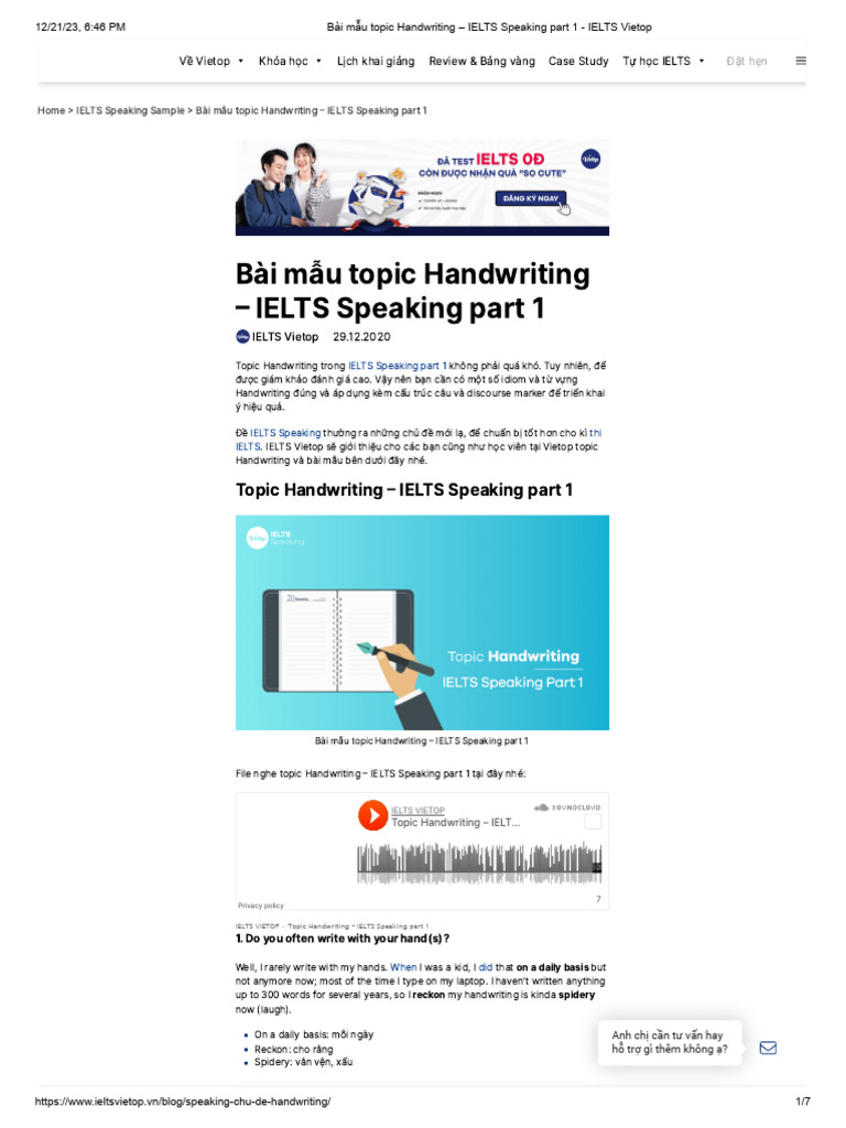 Bài Mẫu Topic Handwriting - IELTS Speaking Part 1 - IELTS Vietop | PDF