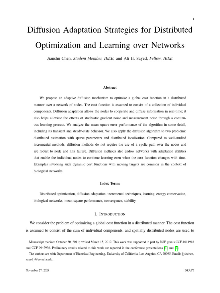 Diffusion Adaptation Strategies For Distributed Optimization and ...