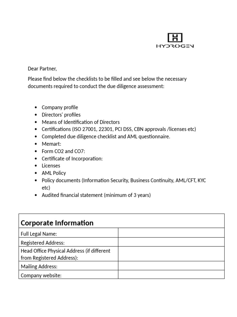 Hydrogen Aml Kyc Questionnaire 3 | PDF | Regulatory Compliance | Business