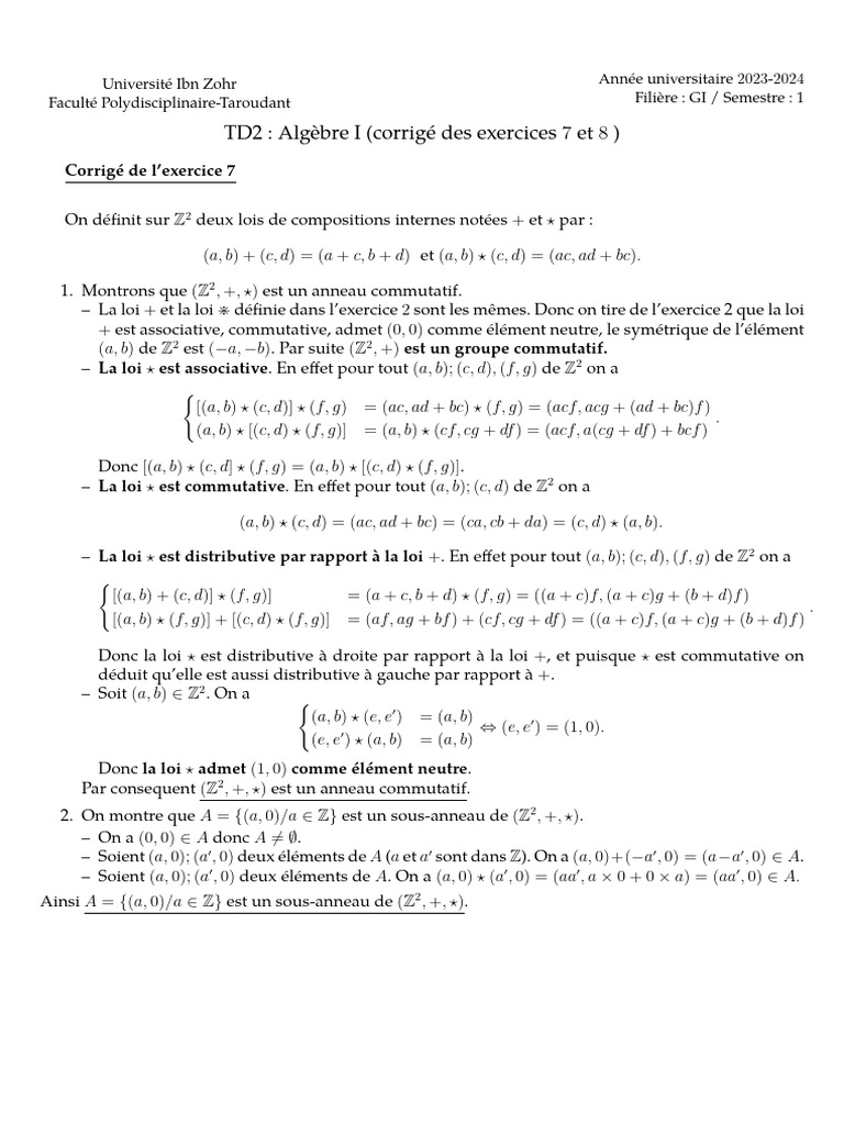 Corrigé TD2 : Algèbre I - Ex. 7 & 8 | PDF | Anneau (mathématiques ...