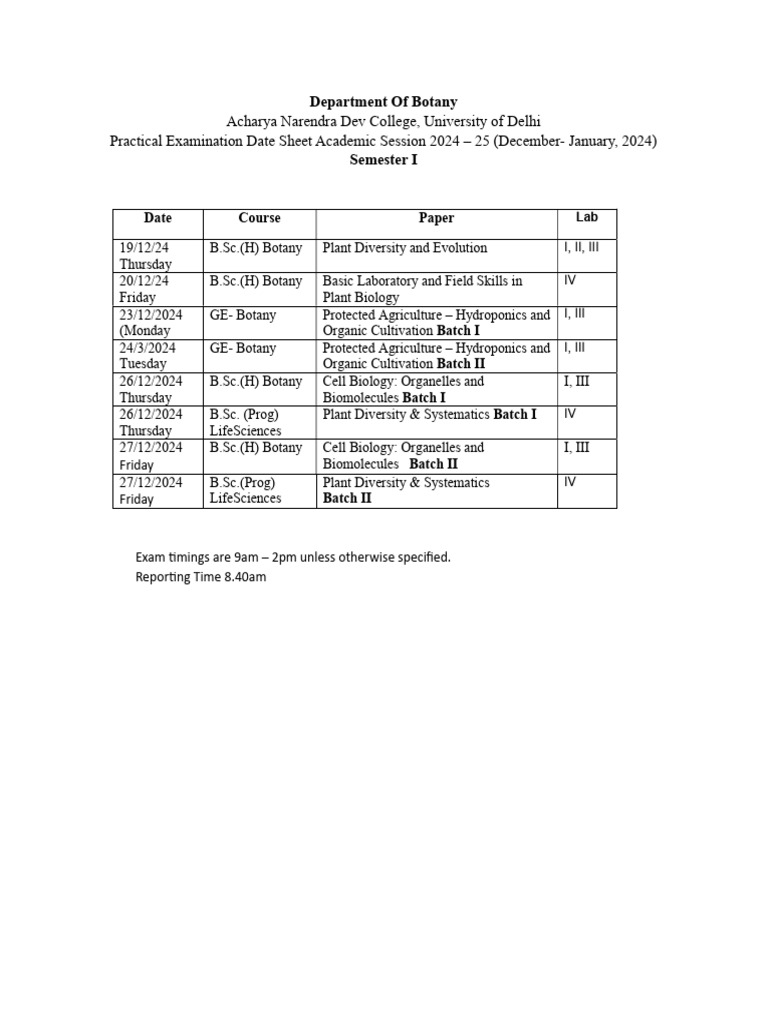 Botany Practical Date Sheet Semester I (Revised) | PDF