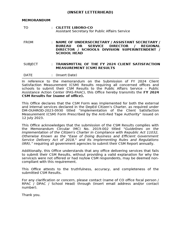 FY 2024 CSM Results Transmittal Memo | PDF