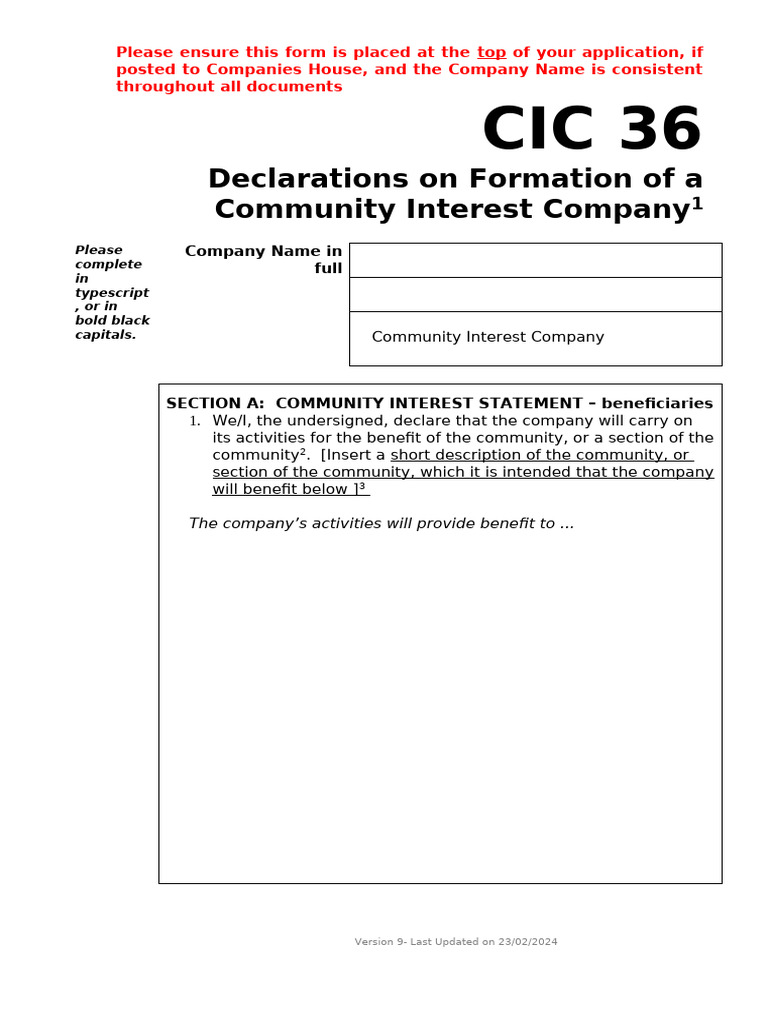 CIC36 Form for Community Interest Companies | PDF | Business | Corporations