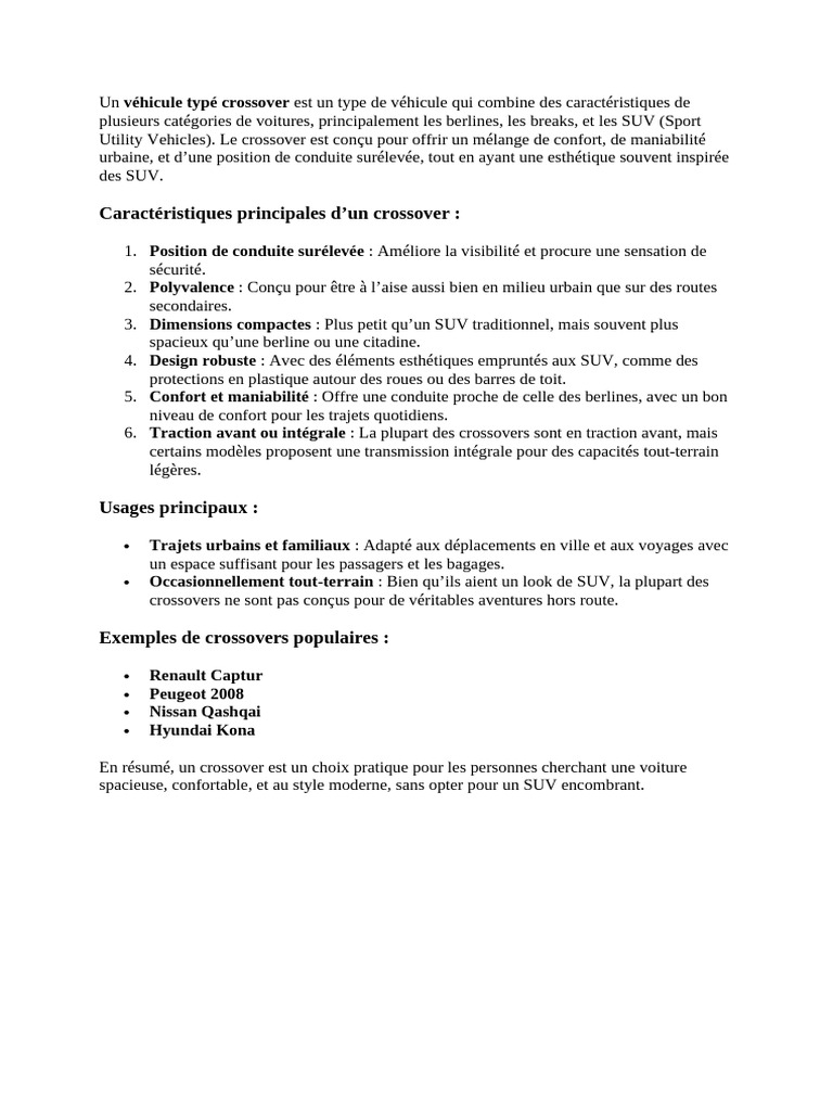 Types de véhicules crossover expliqués | PDF