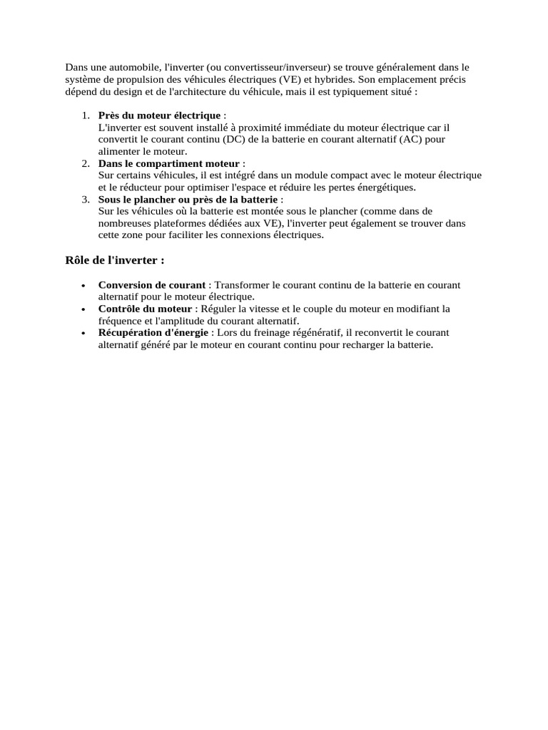 Emplacement et rôle de l'inverter dans les VE | PDF