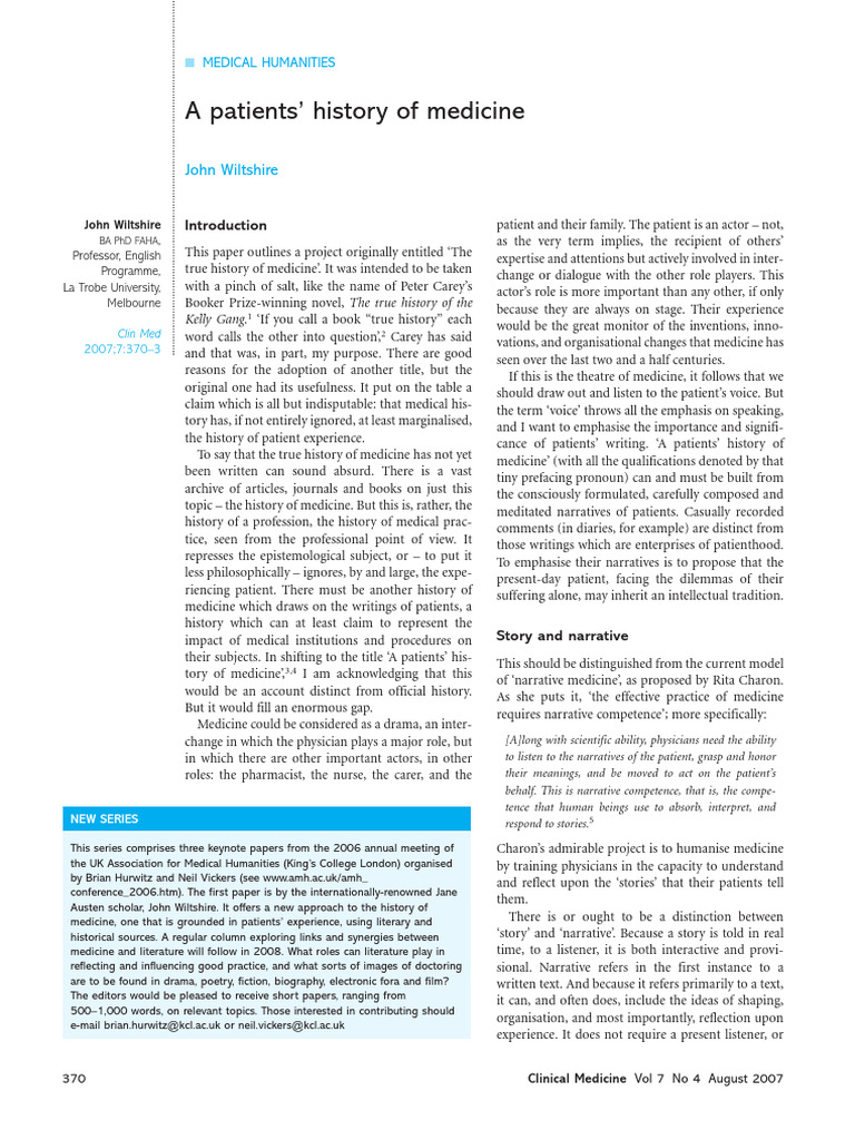 Patients' History of Medicine Explained | PDF | Narrative | Experience