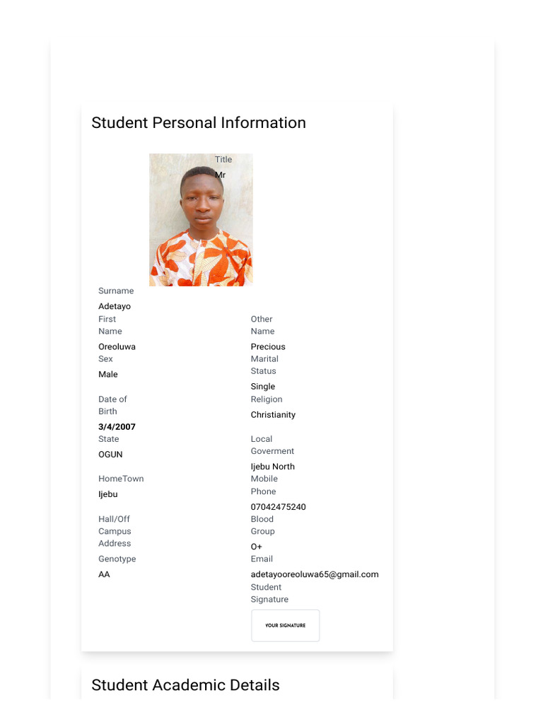 Student Personal and Academic Profile | PDF | Educational Stages ...