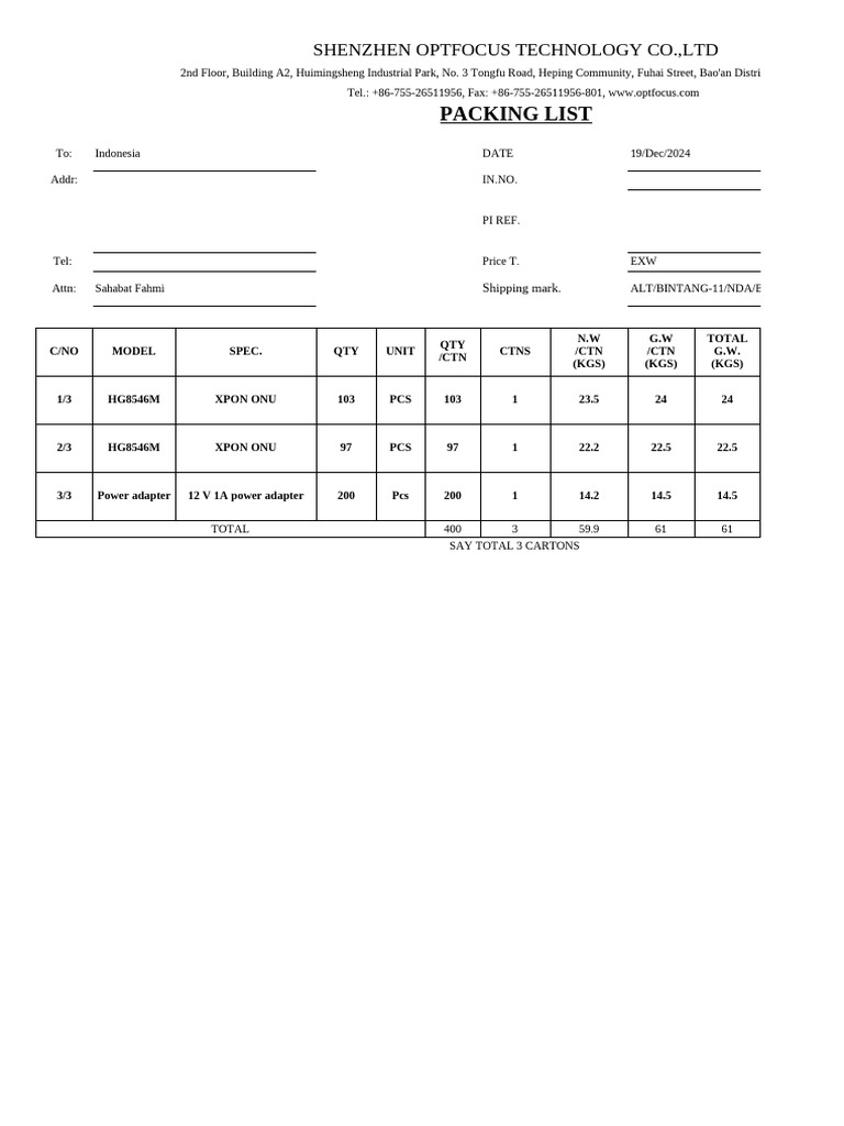 Packing List for Shipment to Indonesia | PDF