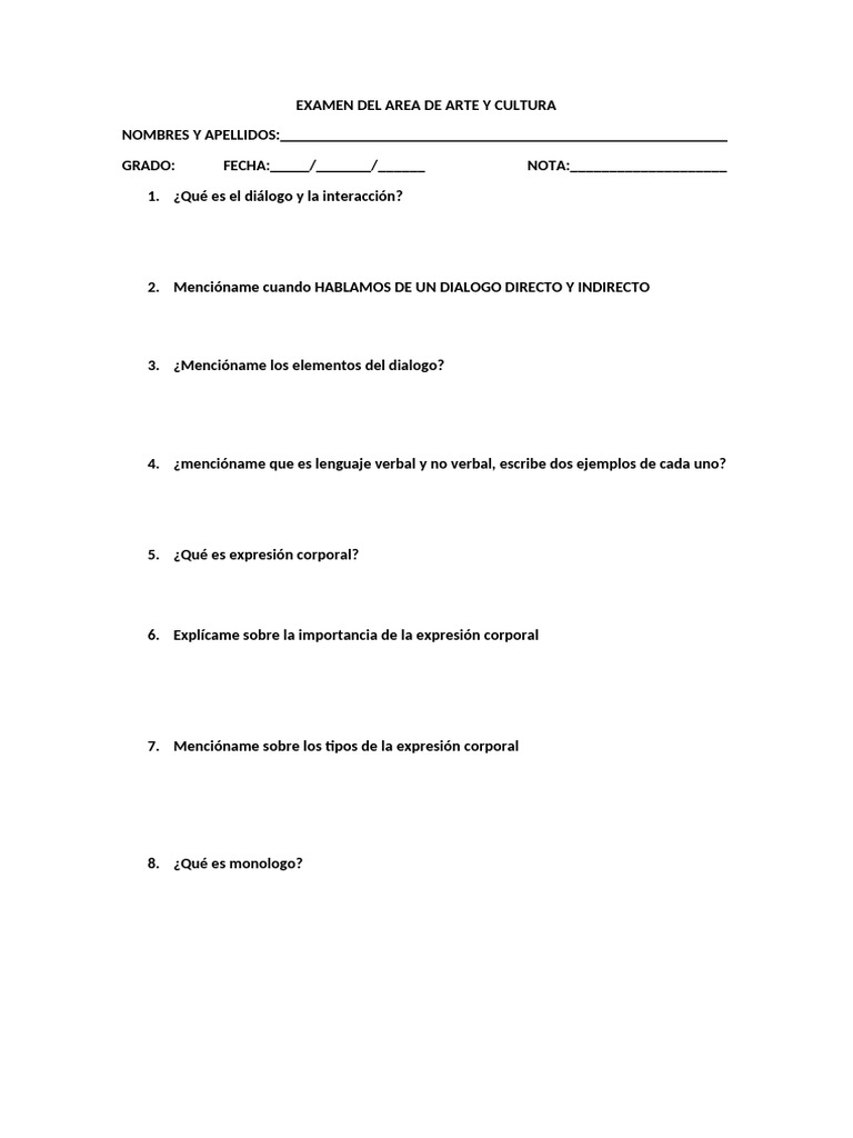 Examen Del Area de Arte y Cultura | PDF