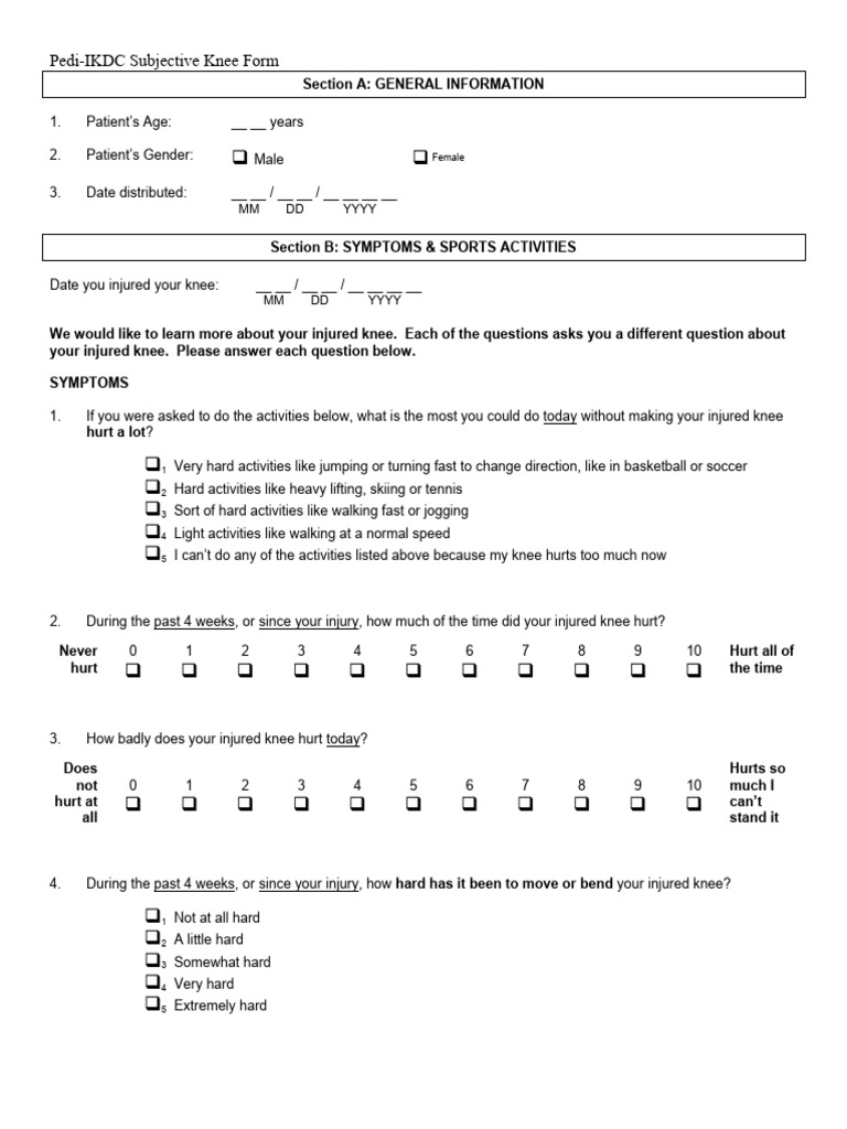 Pedi-IKDC Knee Assessment Form | PDF