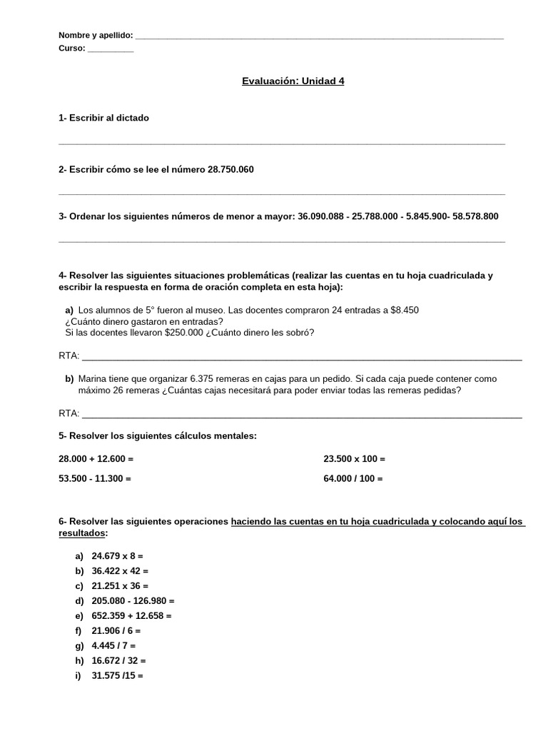 Evaluación de Matemáticas Unidad 4 | PDF