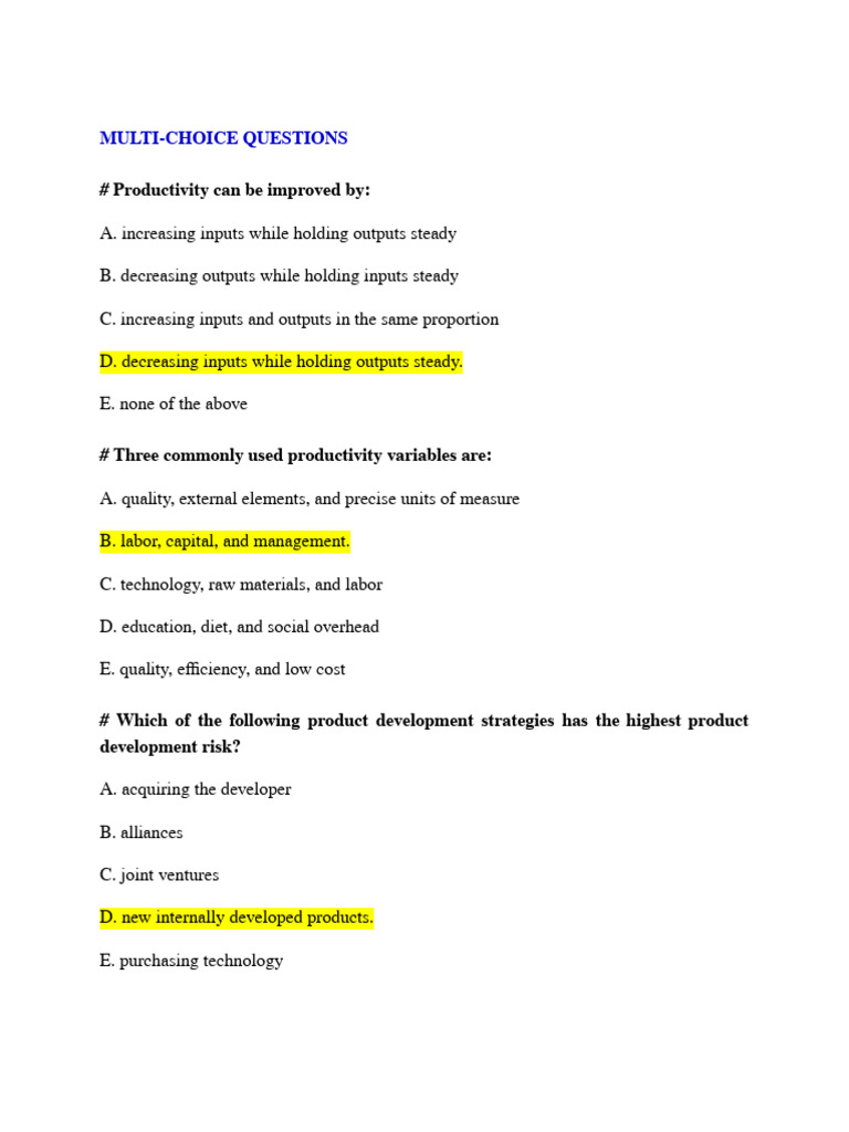 Multi-Choice Questions on Productivity and Operations | PDF | Inventory ...