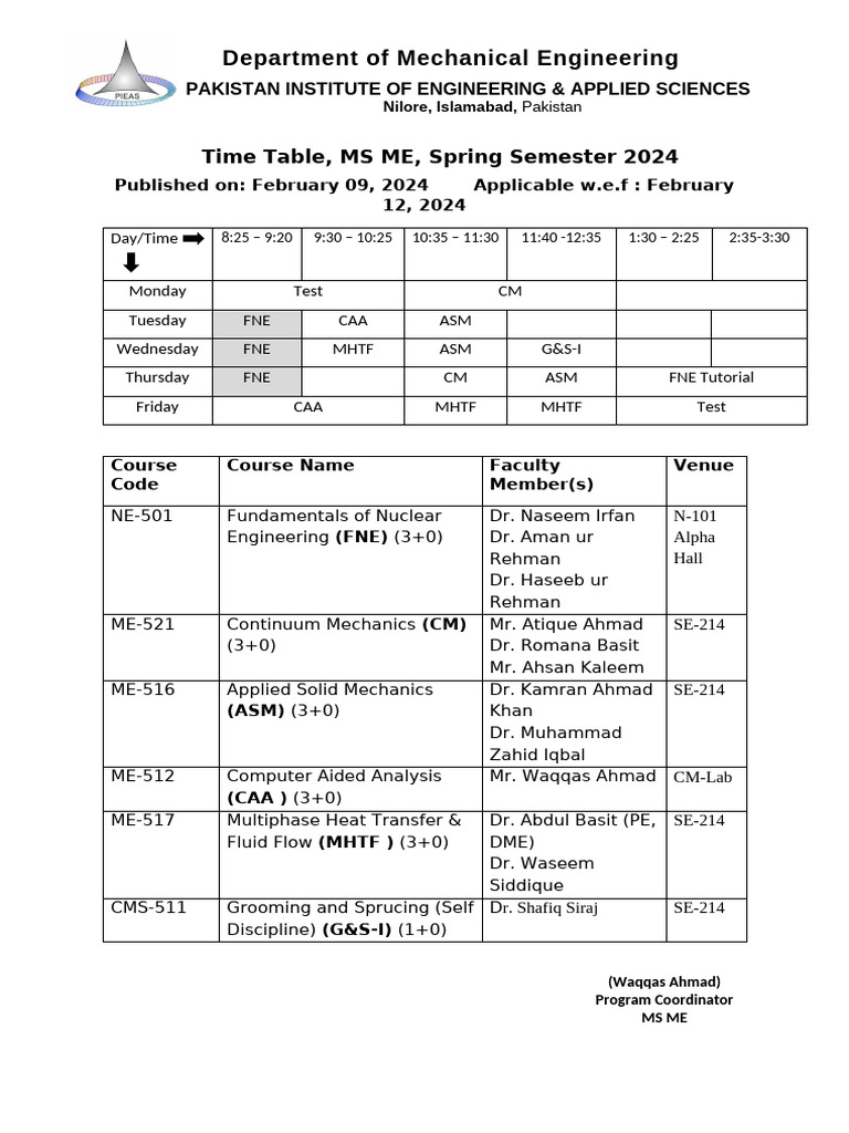 MSME Timetable Spring 2024 | PDF | Mechanics | Engineering