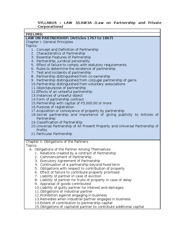 Syllabus Law3A For Students Partnership Board Of Directors