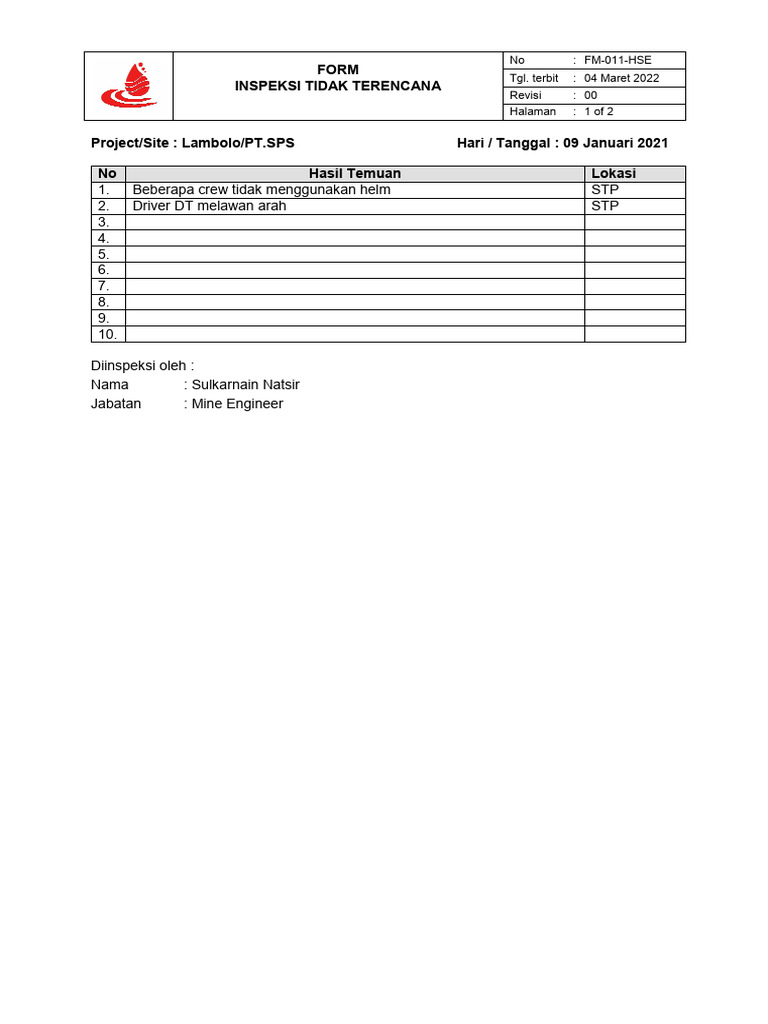 Inspeksi Keselamatan Proyek Lambolo | PDF