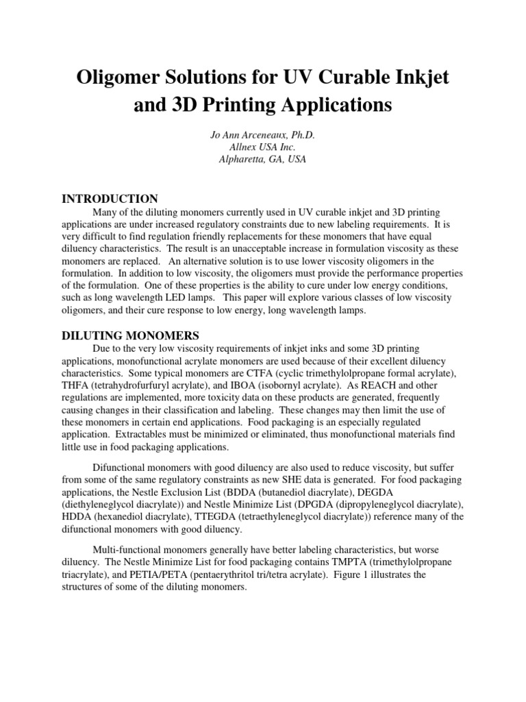 Oligomer Solutions For UV Curable Inkjet and 3D Printing Applications ...