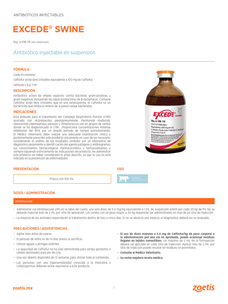 Antibiótico Inyectable Excede® Swine | PDF | Especialidades Medicas ...