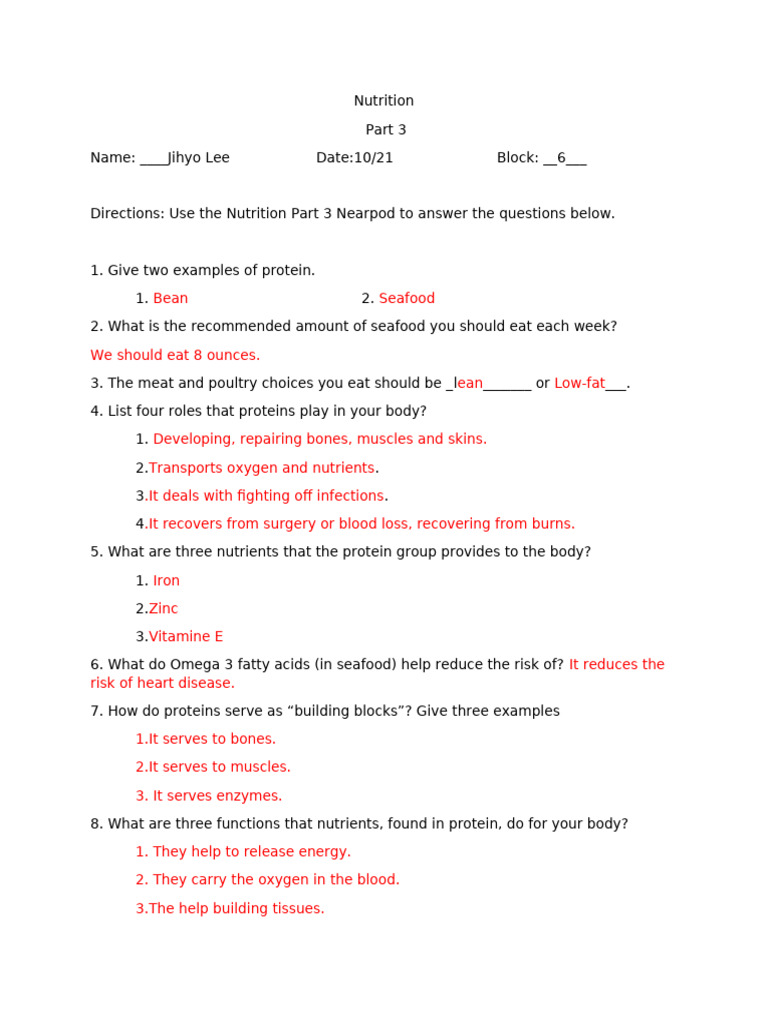 Nutrition Part 3 Nearpod WS | PDF
