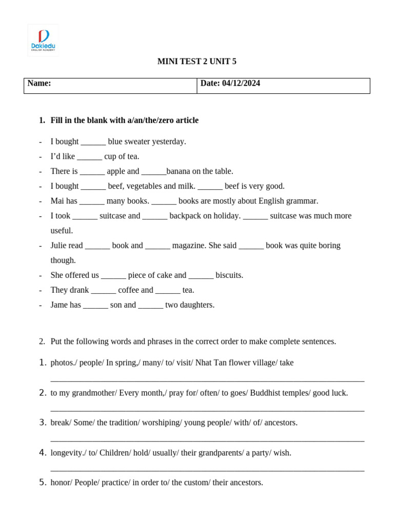 04.12 Mini Test 2 Unit 5 | PDF