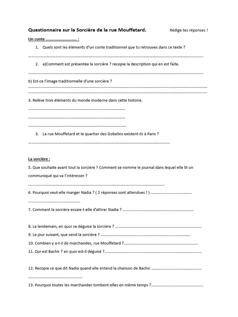 Questionnaire sur La Sorcière de la Rue Mouffetard | PDF | Échecs ...
